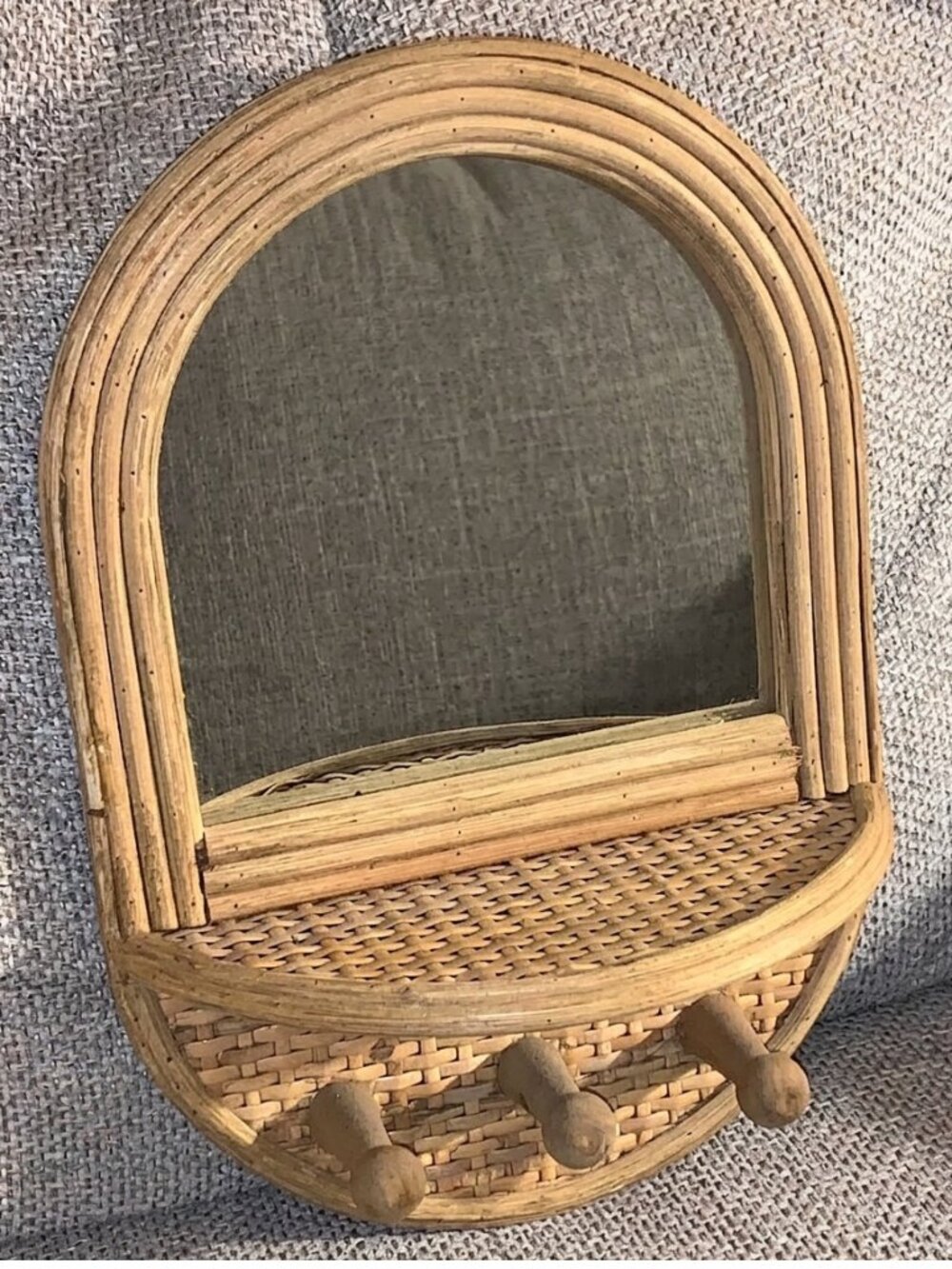 Wooden Mirror Shelf & 3 Pegs Wall Hanging w/ Wicker Accents (12" tall)